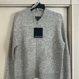 Halston Heritage Light Gray Pearl-Embellished Sweater